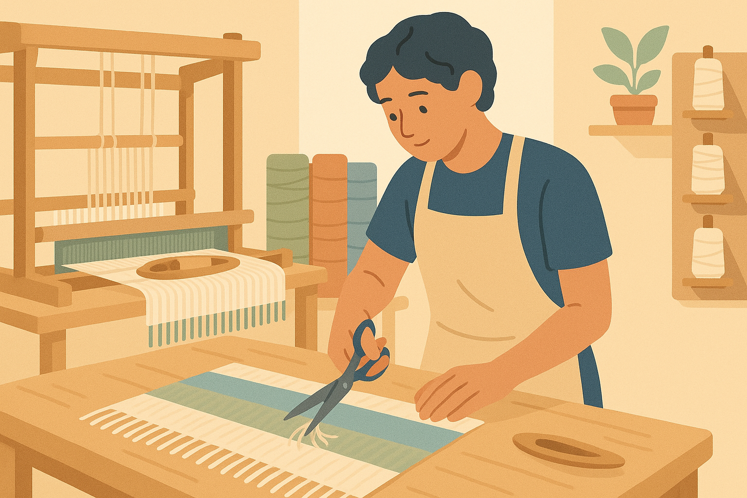 Create a flat-style digital illustration in pastel colors depicting a person working in an eco-friendly handloom fabric cutting facility. The person should not wear heavy safety gear but instead look natural and relaxed, reflecting a non-chemical, artisanal process. Show them interacting with scissors β cutting the extra thread β in a way that conveys craftsmanship. The environment should feel warm, clean, and handmade, not corporate or industrial.