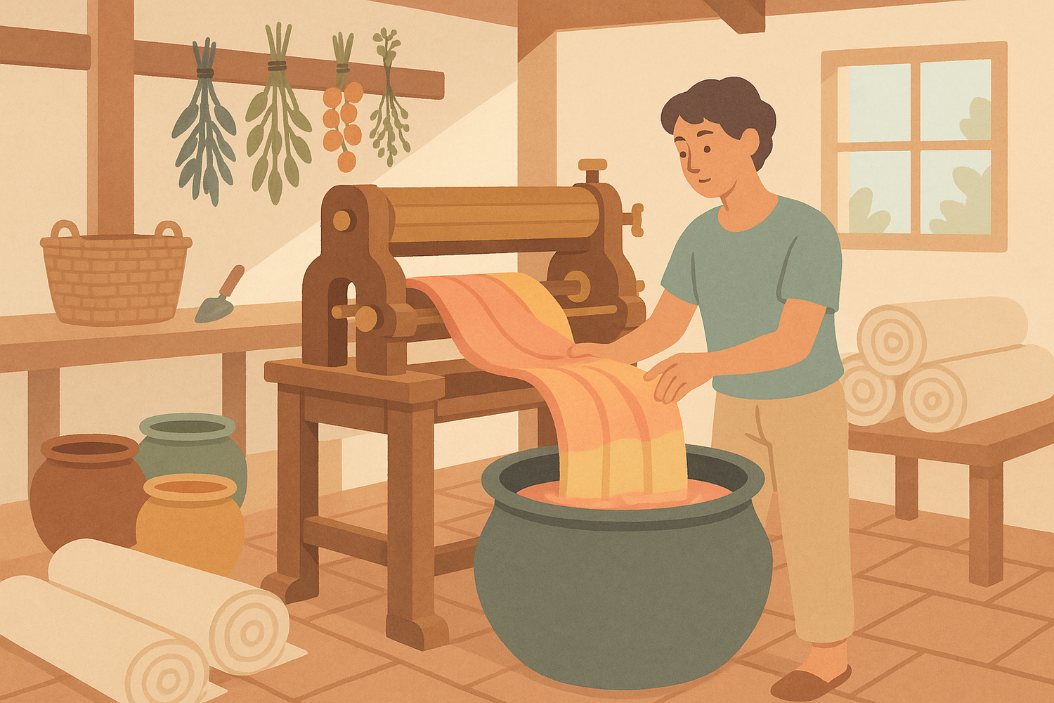 Create a flat-style digital illustration in pastel colors depicting a person working in an eco-friendly handloom fabric dyeing facility. The person should not wear heavy safety gear but instead look natural and relaxed, reflecting a non-chemical, artisanal process. Show them interacting with a traditional or semi-automatic dyeing machine — adjusting or feeding fabric into it — in a way that conveys craftsmanship. The environment should feel warm, clean, and handmade, not corporate or industrial.