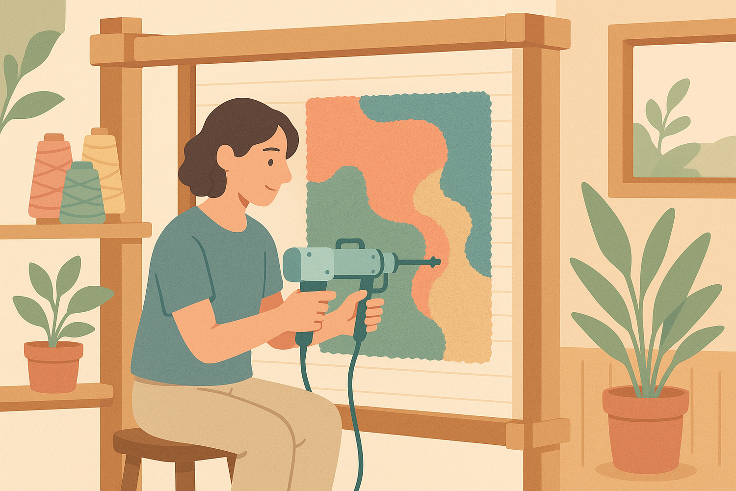 Create a flat-style digital illustration in pastel colors depicting a person working in an eco-friendly handloom rug tufting facility. The person should not wear heavy safety gear but instead look natural and relaxed, reflecting a non-chemical, artisanal process. Show them interacting with a semi-automatic tufting machine — tufting fabric into the design — in a way that conveys craftsmanship. The environment should feel warm, clean, and handmade, not corporate or industrial.